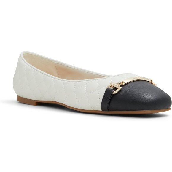 Aldo Womens White Black Synthetic Closed Square Toe Low Wedge Heel Ballet Flat - Picture 2 of 6
